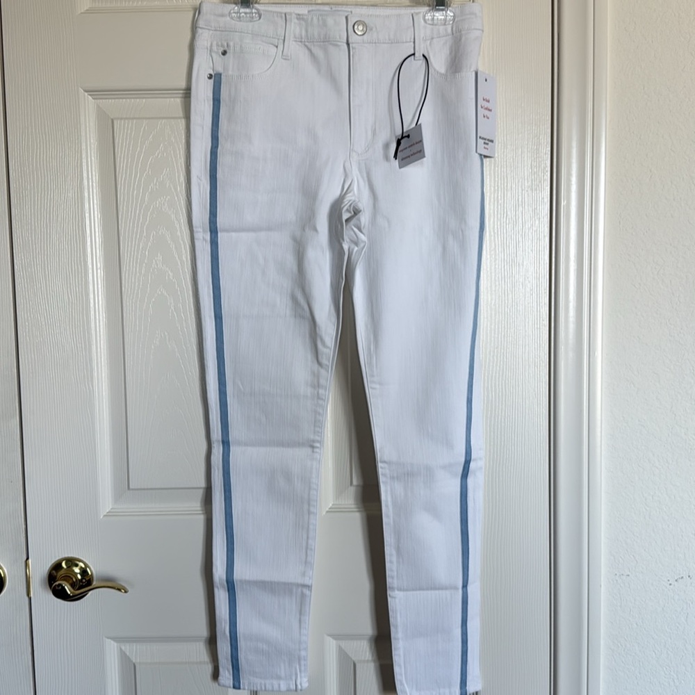 New! Skinnygirl Broadway High-Rise White w/ Blue Tuxedo Stripe Skinny Jeans Sz 4